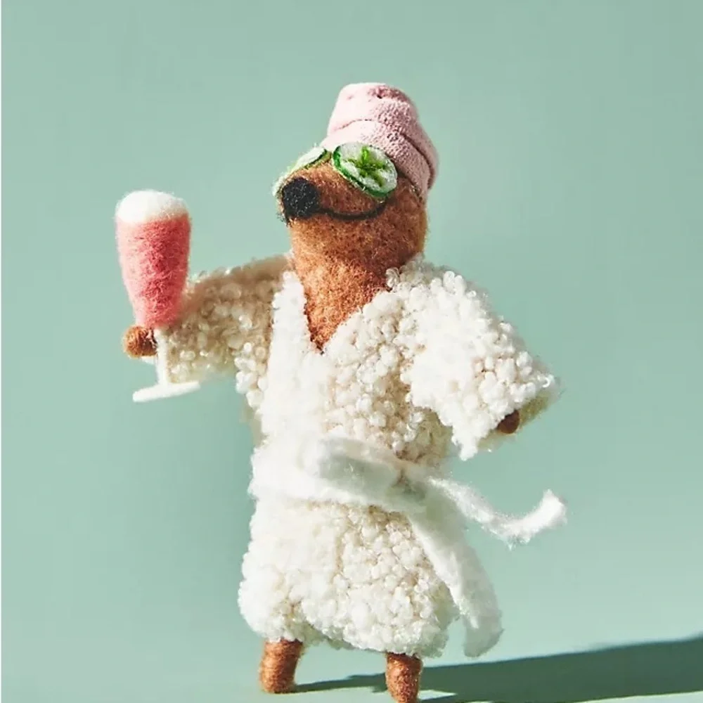 Anthropologie Pampered Pet Ornament New Plush Dog in Spa Robe with Drink
